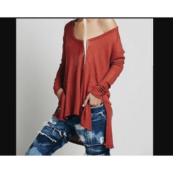 Free People Tops - S Free People Sunset Park Drippy Thermal Knit Tunic Top Blouse Long Slv Rust Red